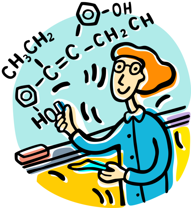 Vector Illustration of Chemistry Teacher Teaches School Classroom Lesson at Blackboard Chalkboard