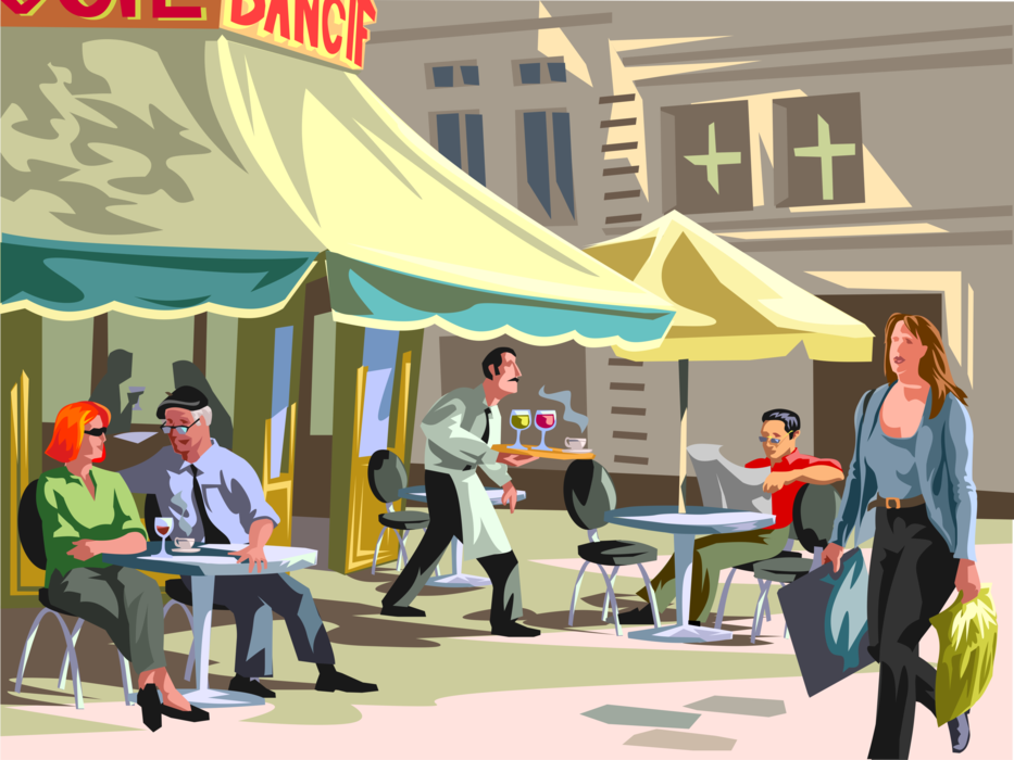 Vector Illustration of Paris Street Café with Customers Relaxing with Wine and Coffee