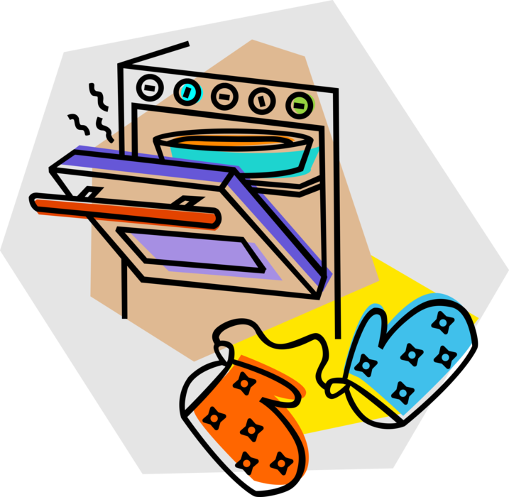 Vector Illustration of Kitchen Appliance Stove, Range or Oven with Oven Mitt Insulated Gloves