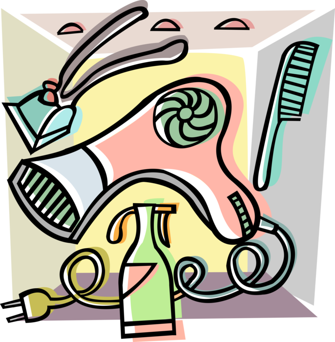 Vector Illustration of Personal Grooming Hair Dryer or Blow Dryer with Brush and Hairspray