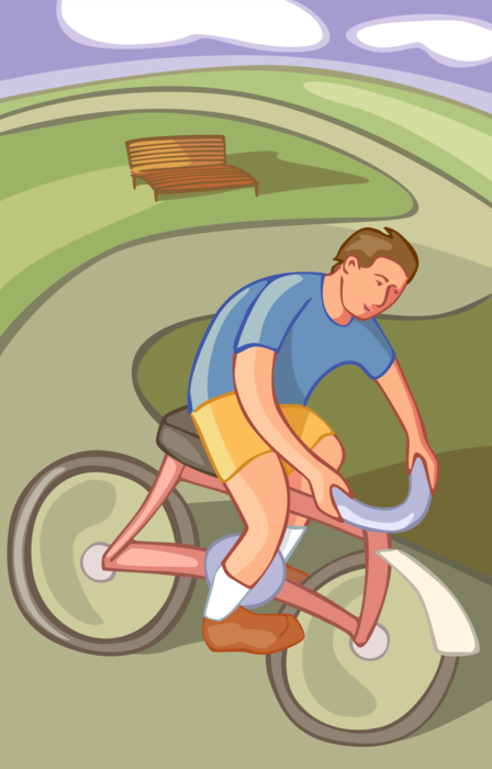 Vector Illustration of Cycling Enthusiast Riding Bicycle Along Bike Path