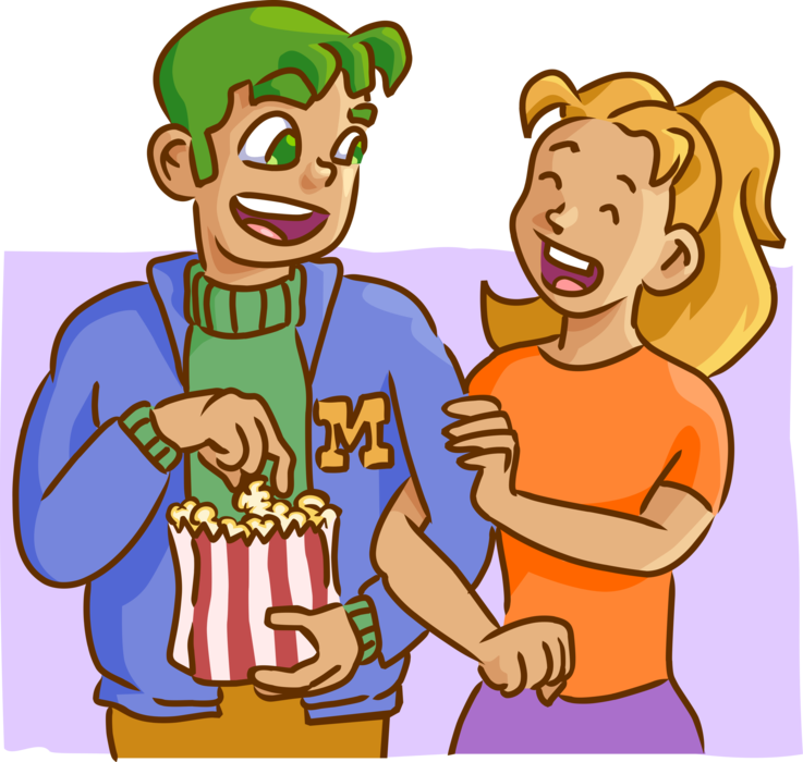 Vector Illustration of Teenage Couple Dating Go to the Movie Theater or Theatre with Popcorn Snack