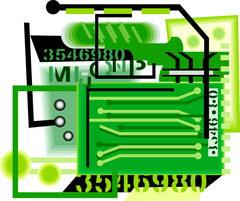 Vector Illustration of Computer Printed Circuit Board Electrically Connects Electronic Components