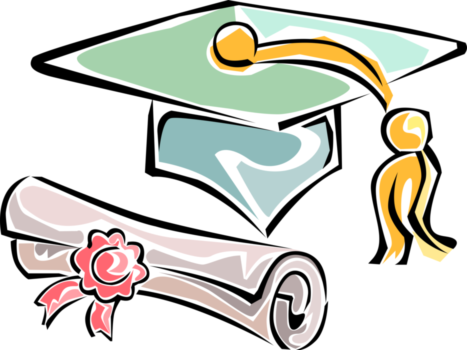 Vector Illustration of School or University Graduation Mortarboard Cap with Graduate Diploma