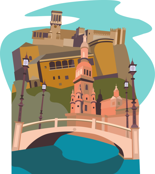 Vector Illustration of Historic Spanish Church and Castle Architecture, Spain