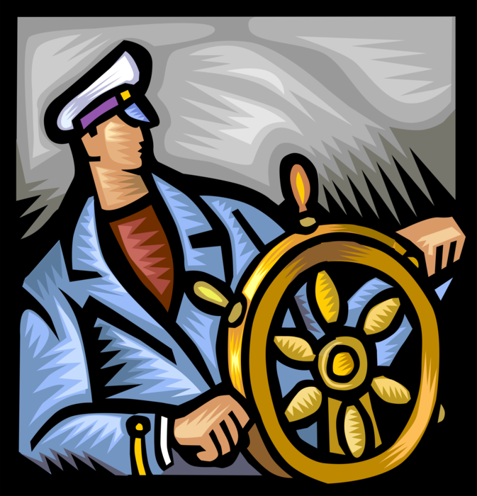 Vector Illustration of Mariner Captain at Helm Ship's Helm Wheel or Boat's Wheel to Change Vessel's Course