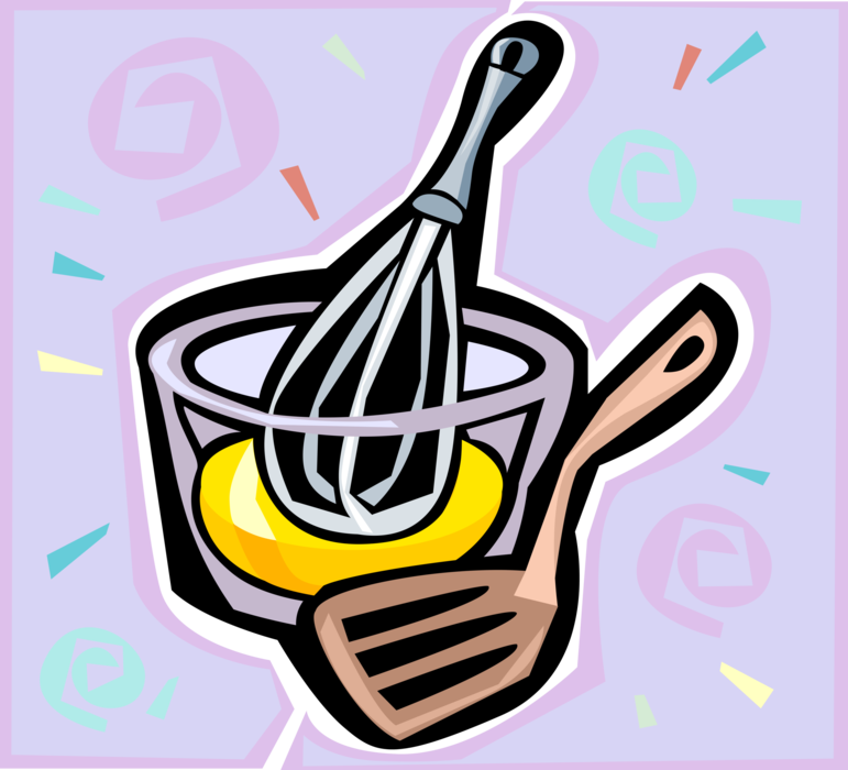 Vector Illustration of Beating Eggs in Mixing Bowl with Whisk and Spatula