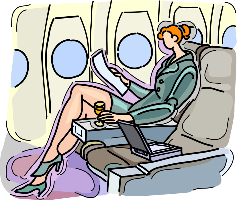 Vector Illustration of First Class Business Traveler Relaxes on Commercial Airline Flight