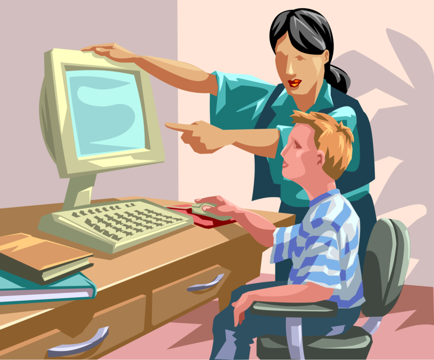 Vector Illustration of Computer Science Teacher Teaching Student to Use Computer