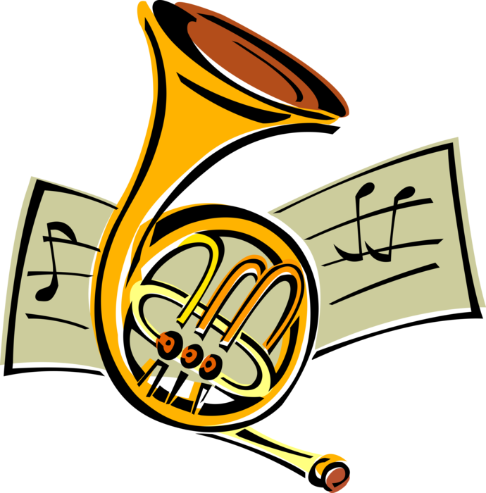 Vector Illustration of French Horn Brass Musical Instrument with Sheet Music