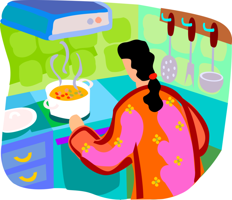 Vector Illustration of Making Soup in Pot on Stove in Kitchen