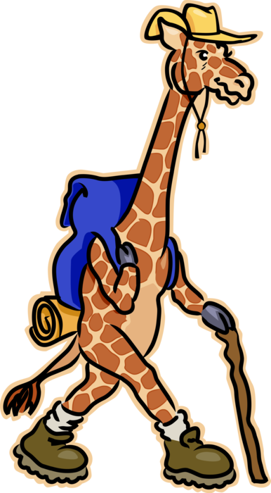 Vector Illustration of Giraffe Hiker Hiking with Backpack and Walking Stick