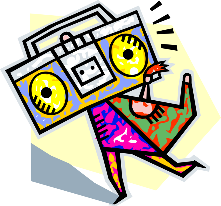 Vector Illustration of Teenager Carries Massive Ghetto Blaster Personal Stereo Sound System