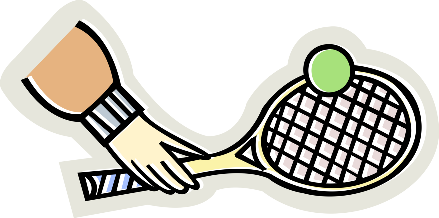 Vector Illustration of Hand Holds Tennis Racket with Ball