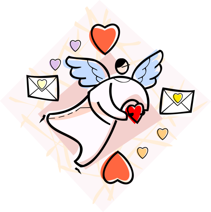 Vector Illustration of Valentine's Day Angel with Wings Carries Heart with Love Letters Expression of Affection