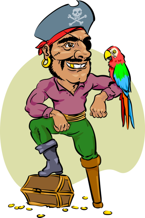 Vector Illustration of Buccaneer Pirate with South American Macaw Parrot Bird and Treasure Chest