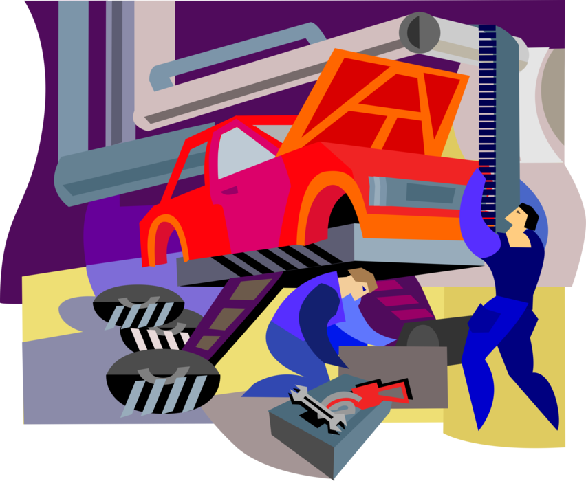 Vector Illustration of Automotive Mechanics Repair Motor Vehicle Car on Hoist in Service Garage