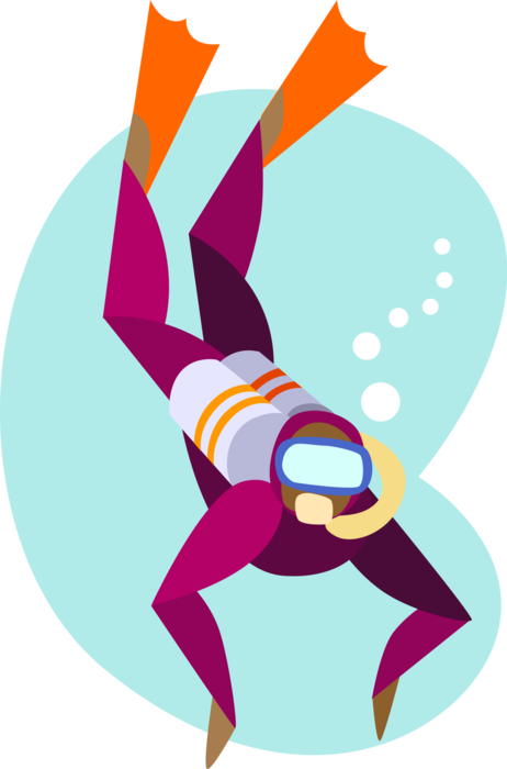 Vector Illustration of Scuba Diver Diving in Ocean with Mask and Swimming Fins