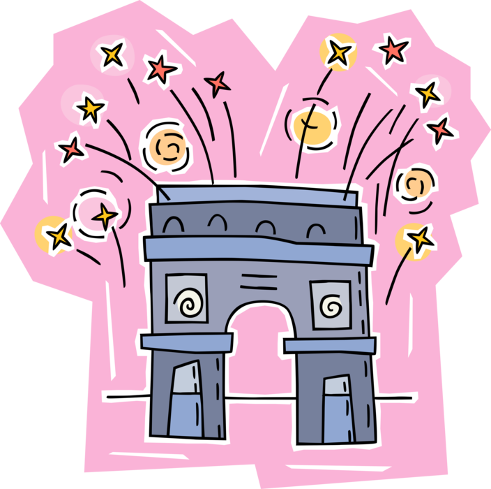 Vector Illustration of Arc de Triomphe with Celebration Fireworks, Paris, France