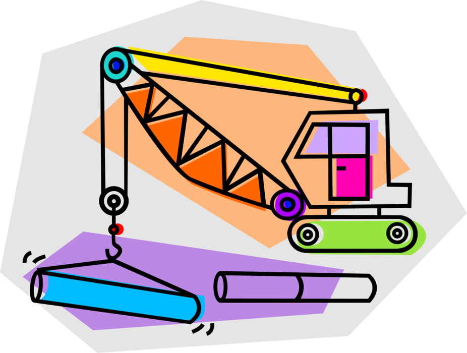 Vector Illustration of Construction Industry Crane on Building Site with Hook Lifting Pipe