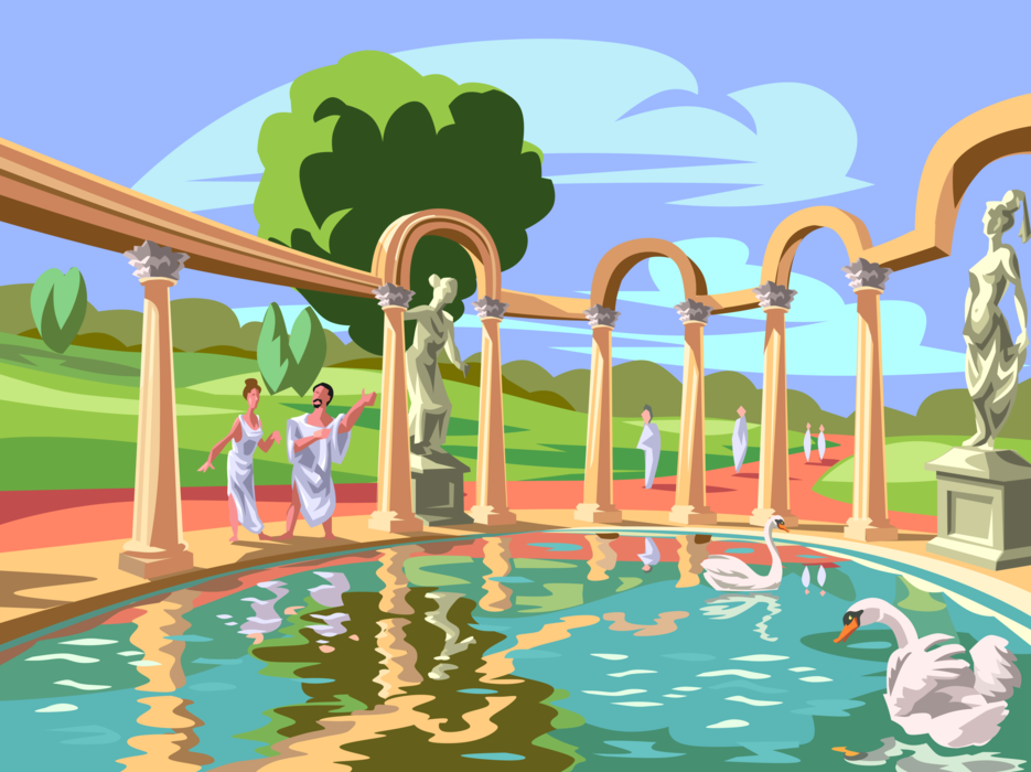 Vector Illustration of Citizens of Ancient Rome in Park Landscape with Roman Pond and Swans