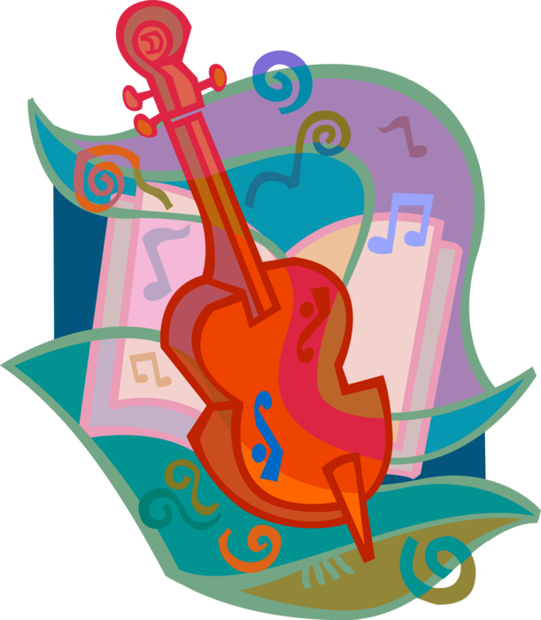 Vector Illustration of Cello Bowed String Musical Instrument with Musical Notes and Music Sheets