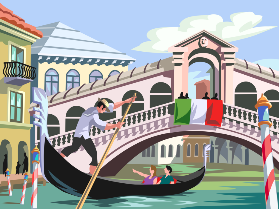 Vector Illustration of Venetian Gondolier in Venice Canal with Gondola and Rialto Bridge Over Grand Canal, Italy