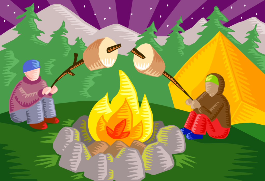 Vector Illustration of Outdoor Recreational Activity Campers Roasting Marshmallows Over Campfire with Camping Pup-Tent