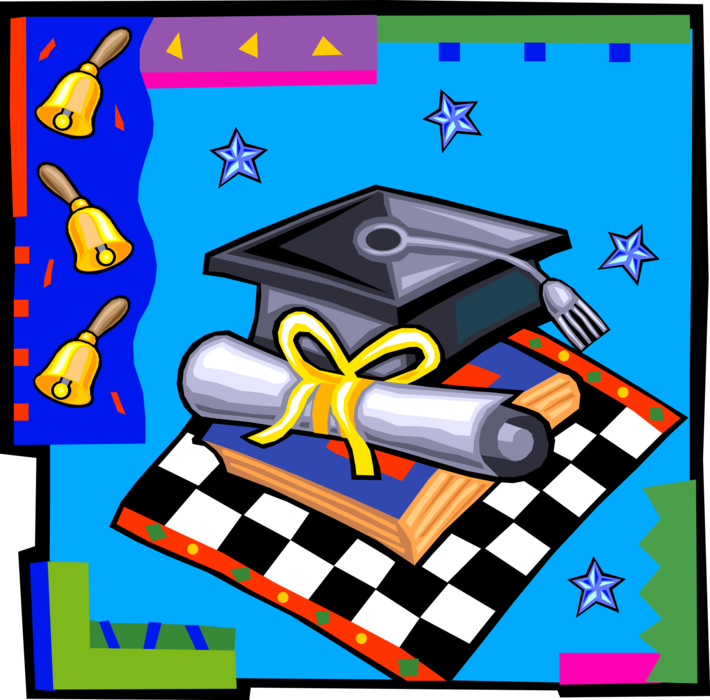 Vector Illustration of School University and College Graduation Diploma and Graduate Mortarboard Cap