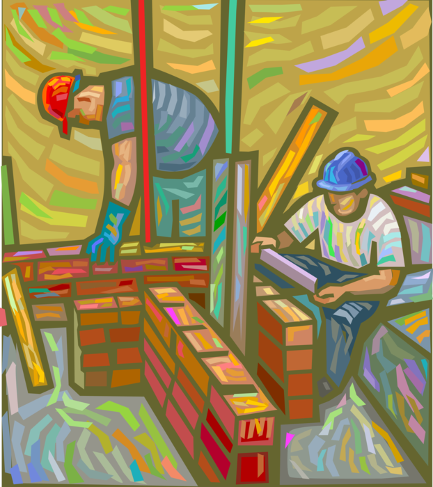 Vector Illustration of Mason Bricklayer Construction Workers Build Masonry Brick Wall