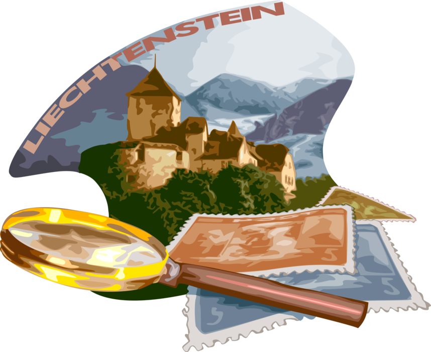 Vector Illustration of Liechtenstein Postage Stamp Museum, Vaduz Castle Postcard Design