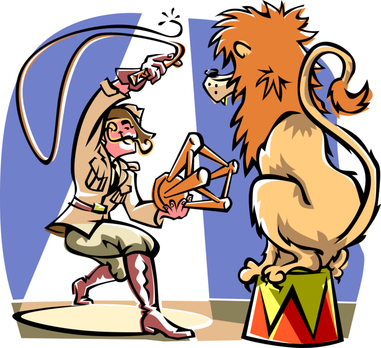 Vector Illustration of Big Top Circus Lion Tamer Performs with African Male Lion King of the Jungle