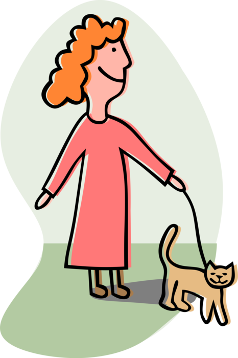 Vector Illustration of Taking Pet Kitty Cat Kitten for Walk