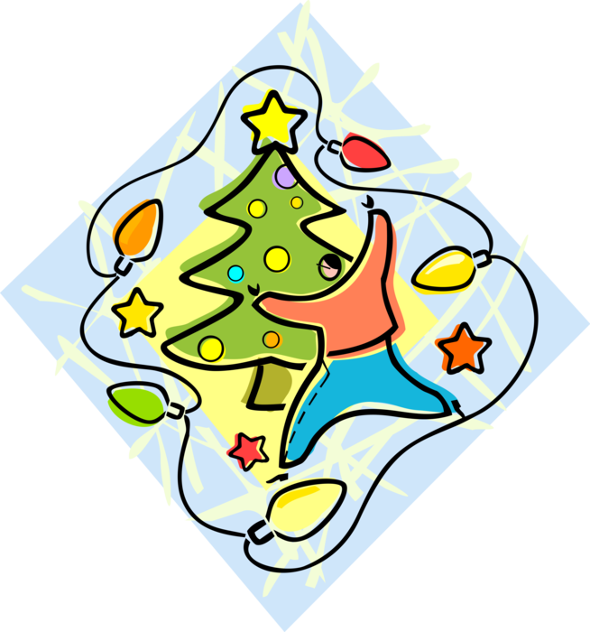 Vector Illustration of Decorating the Christmas Tree with Colored Lights and Decorations