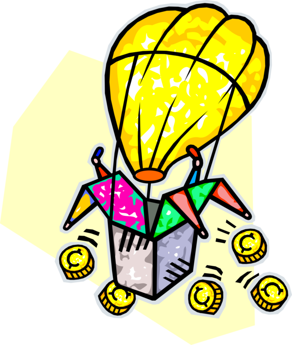 Vector Illustration of Hot Air Balloon with Gondola Wicker Basket Carry Passengers Aloft Drop Money Ballast