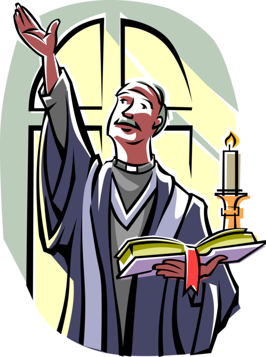 Vector Illustration of Religious Ceremony Christian Priest Delivers Sermon in Church with Bible