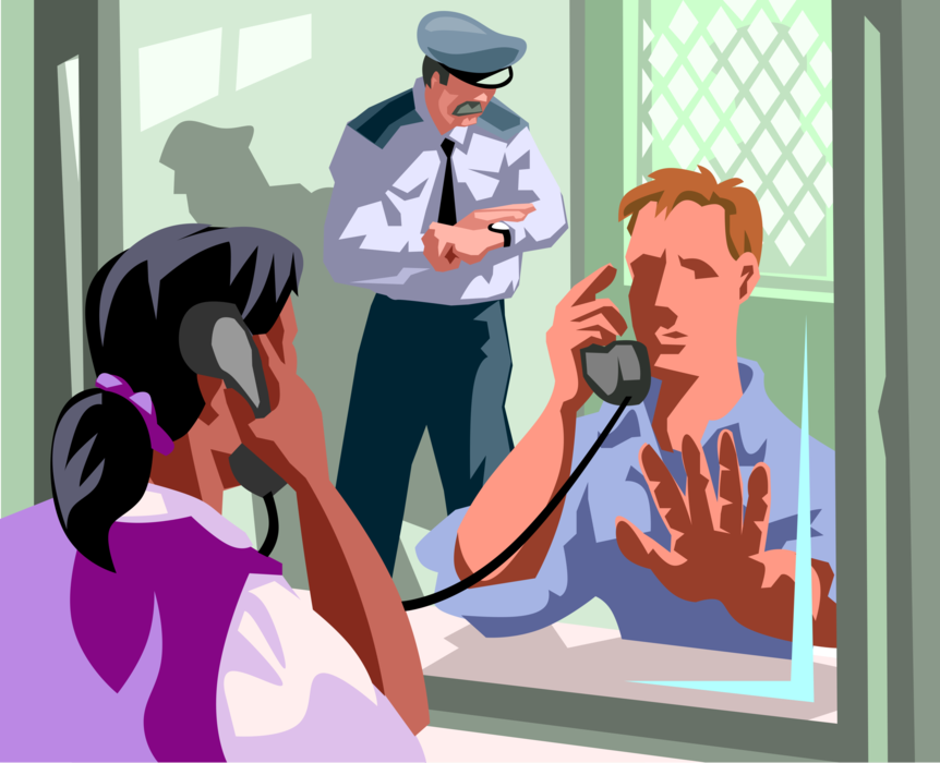 Vector Illustration of Convicted Prisoner Speaks on Phone with Visitor in Prison Jail