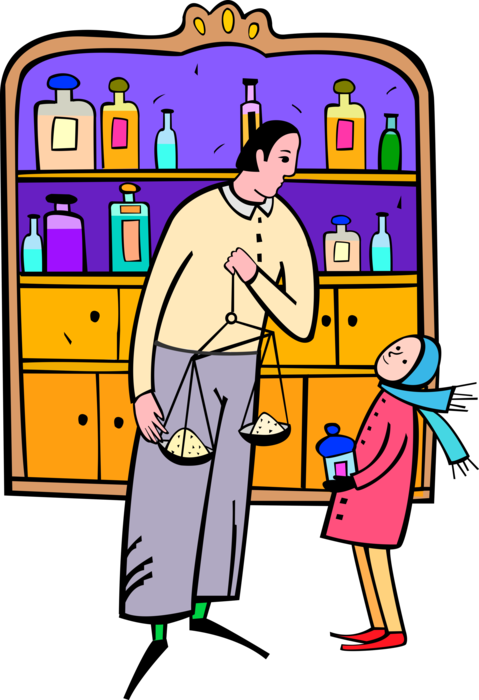 Vector Illustration of Pharmacist Filling Prescription with Medicine in Pharmacy