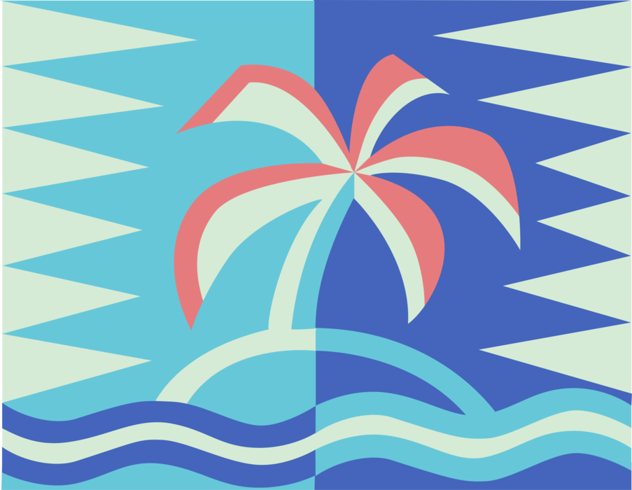 Vector Illustration of Deserted Island and Palm Tree with Ocean Waves