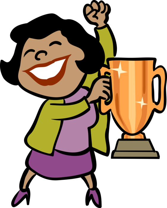 Vector Illustration of Businesswoman Achiever with Trophy Recognizing Specific Achievement 