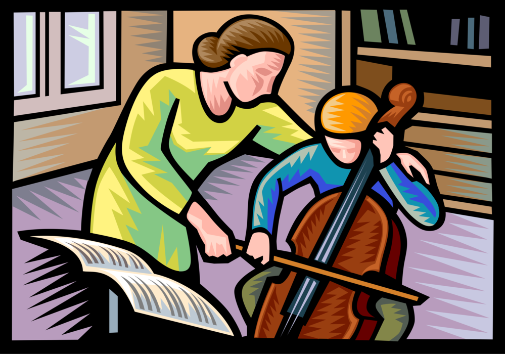 Vector Illustration of Music Teacher Instructs Young Cello Player in Music Lesson