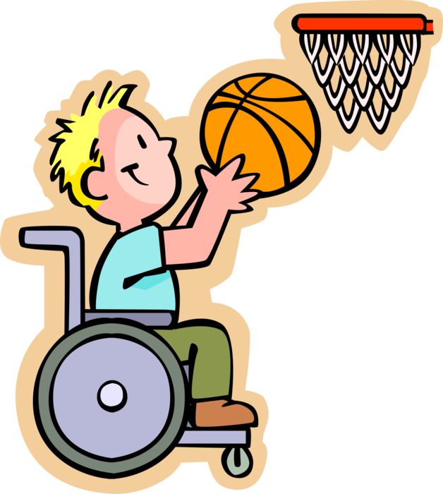 Vector Illustration of Primary or Elementary School Student Disabled Boy in Wheelchair Playing Basketball