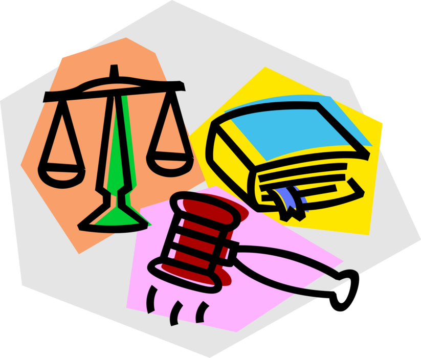 Vector Illustration of Judicial Judge's Gavel, Holy Bible Book, and Scales of Justice in Law Courtroom