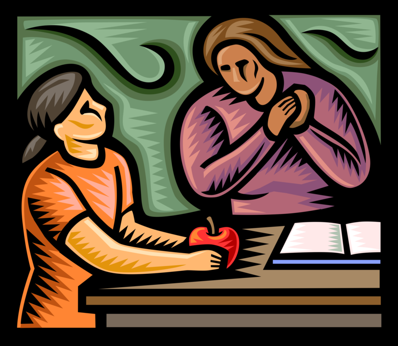 Vector Illustration of Student Gives Teacher an Apple in School Classroom