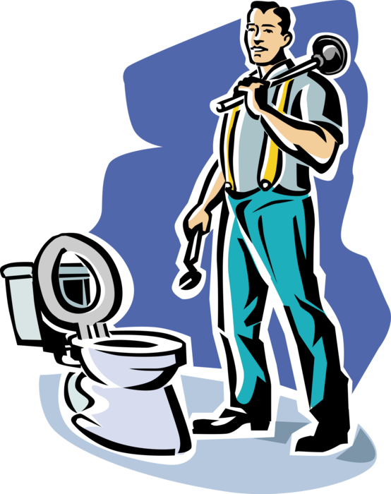 Vector Illustration of Plumber Fixes Toilet with Plumber's Friend Plunger to Clear Drain and Pipe Blockages