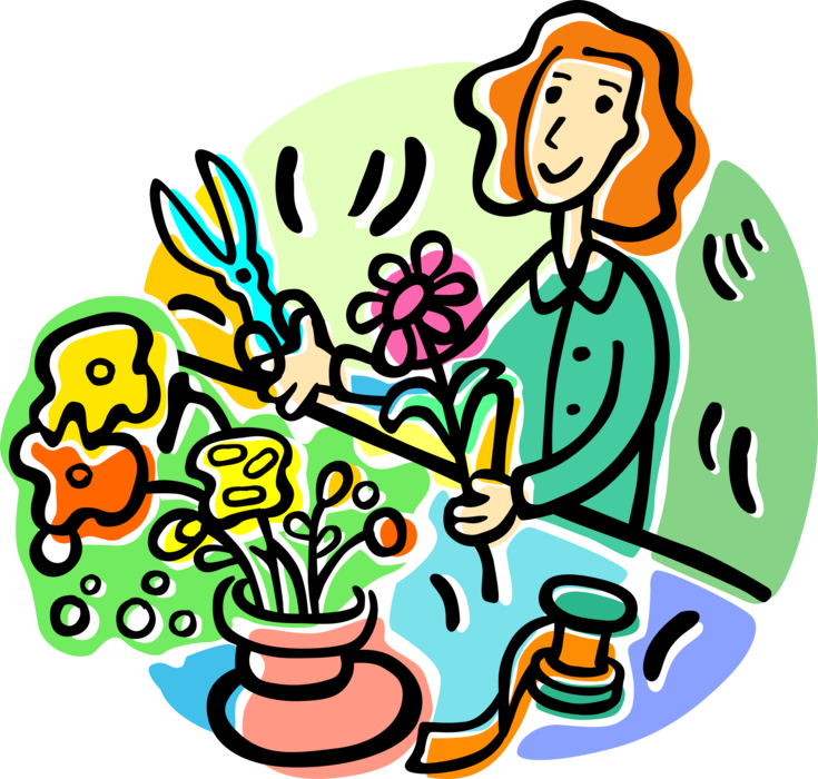 Vector Illustration of Florist Cuts Flowers in Flower Shop with Scissors