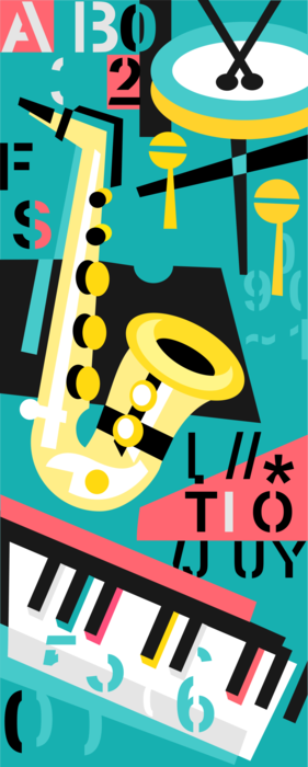 Vector Illustration of Musical Instruments with Sax, Keyboards and Drum Set or Drum Kit Percussion