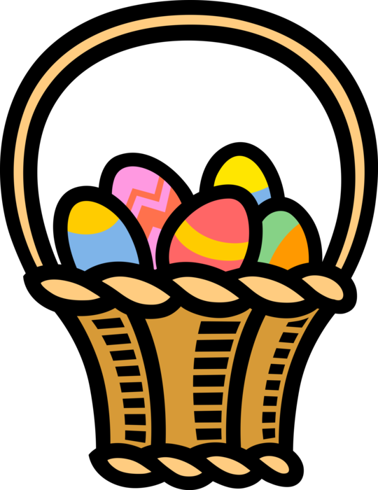 Vector Illustration of Easter Wicker Basket with Decorated Easter Eggs