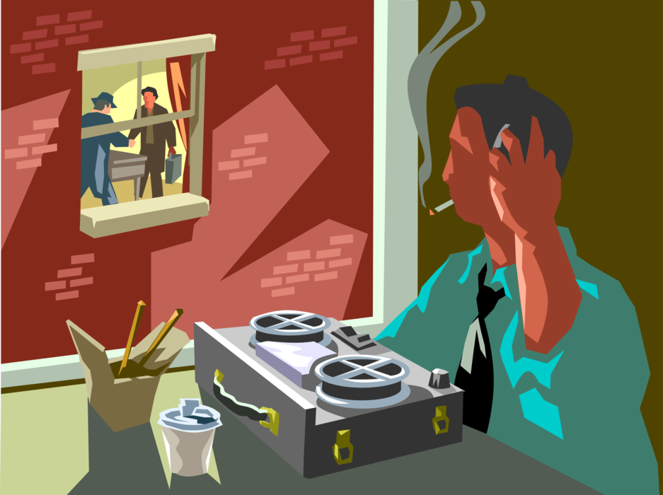 Vector Illustration of Law Enforcement Police Officer Listens to Wire Tap of Criminal Suspects