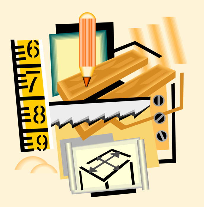 Vector Illustration of Carpentry and Woodworking Tools with Pencil, Hand Saw and Ruler